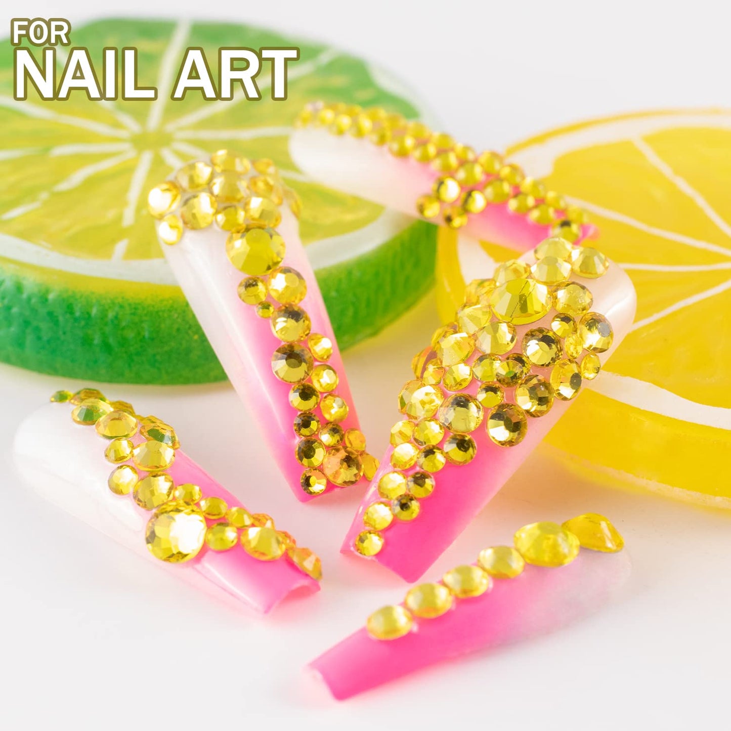 One Pack 2000 Pcs of Flatback Round Lemon Yellow Rhinestones 6 Sizes (1.5-6 mm) with Nail Art Rhinestone Picker Pencil and Tweezer for DIY and Salon Use-Velvo Beauty