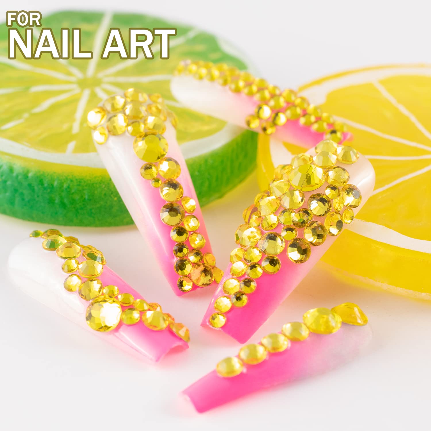 One Pack 2000 Pcs of Flatback Round Lemon Yellow Rhinestones 6 Sizes (1.5-6 mm) with Nail Art Rhinestone Picker Pencil and Tweezer for DIY and Salon Use-Velvo Beauty
