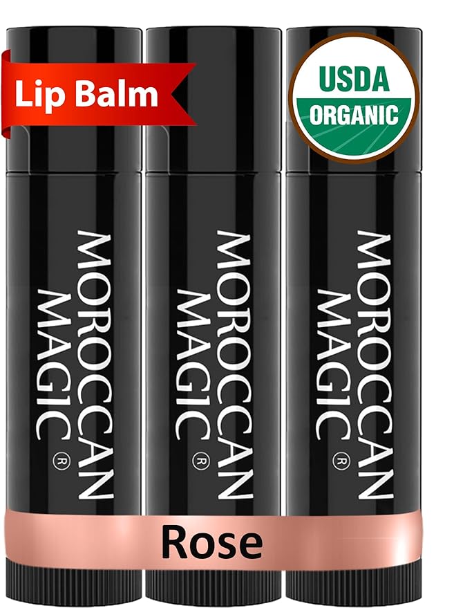 Moroccan Magic Organic Rose Lip Balm 3 Pack | Ultra-Hydrating Argan & Essential Oil Lip Moisturizer + Vitamin E | Natural Chapstick for Dry Lips | Smooth, Non-Toxic | Organic Lip Balm-Velvo Beauty