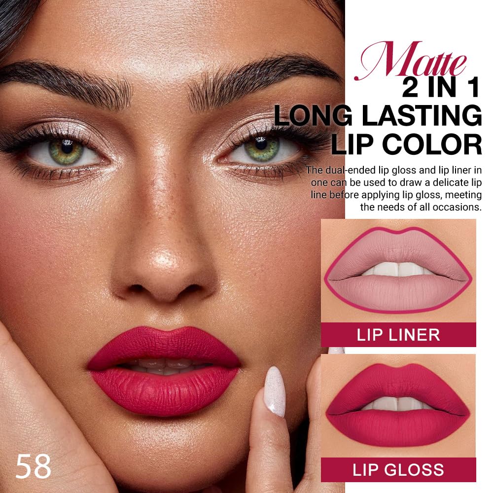 evpct 1Pcs Ruby Rose Red Matte Lip Liner & Liquid Lipstick Stain Makeup Set for Women, Red Lip Liner Stain Long Lasting Waterproof Smudge Proof, Cruelty Free Lip Stick Makeup 24 hours originales, 58-Velvo Beauty