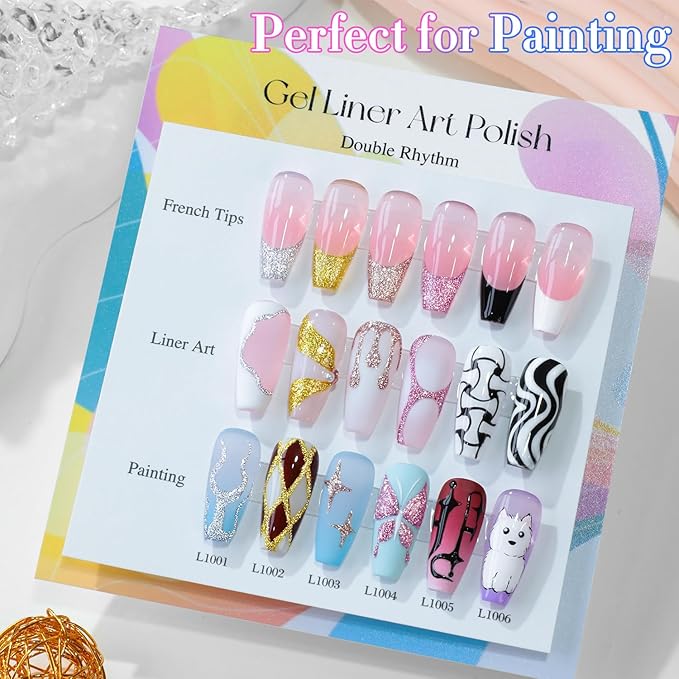 Double Rhythm 6 Pcs 15 ML Gel Liner Polish Nail Art Set Chrome Metallic Glitter Soak Off Gel Polish Kit Nail Art Manicure Salon DIY at Home for Women (Gold Silver Black White-T6-52)-Velvo Beauty