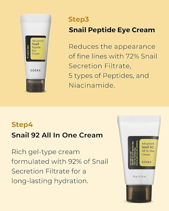 COSRX All About Snail Korean Skincare | TSA Approved Travel Size, Gift Set with Face Gel Cleanser, Essence, Cream & Eye-cream, Repairing, Recovering, Rejuvenating Kit with Snail Mucin, Korean Skincare-Velvo Beauty