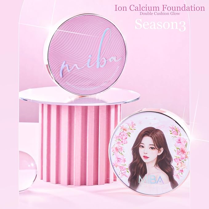 MIBA Ion Calcium Foundation Double Cushion Glow 25 g / 0.88 oz Big Cushion SEASON 3. Long Lasting Cover Effect. Moisture glow. Skin tightening relief. Smooth adhesion. (Lovely #21 Rosy Ivory)-Velvo Beauty