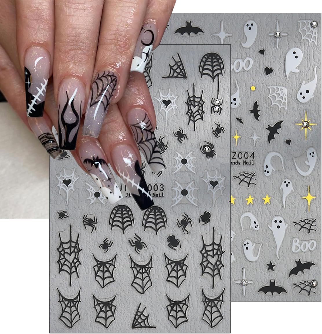 6Sheets Halloween Nail Stickers for Nail Art,3D Self-Adhesive Cute Ghost Spider Web Nail Decals with Rhinestones Design,Pink Pumpkin Spiders Skull Nail Art Stickers for Women Girls DIY Nail Decoration-Velvo Beauty