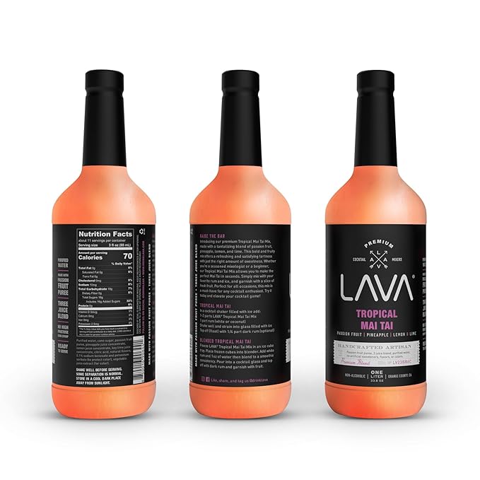 (3 Pack) LAVA Premium Tropical Mai Tai Cocktail Mix made with real passion fruit, pineapple, lemon and lime, no artificial sweeteners, 1-Liter (33.8oz) Glass Bottle, Ready to Use.-Velvo Beauty