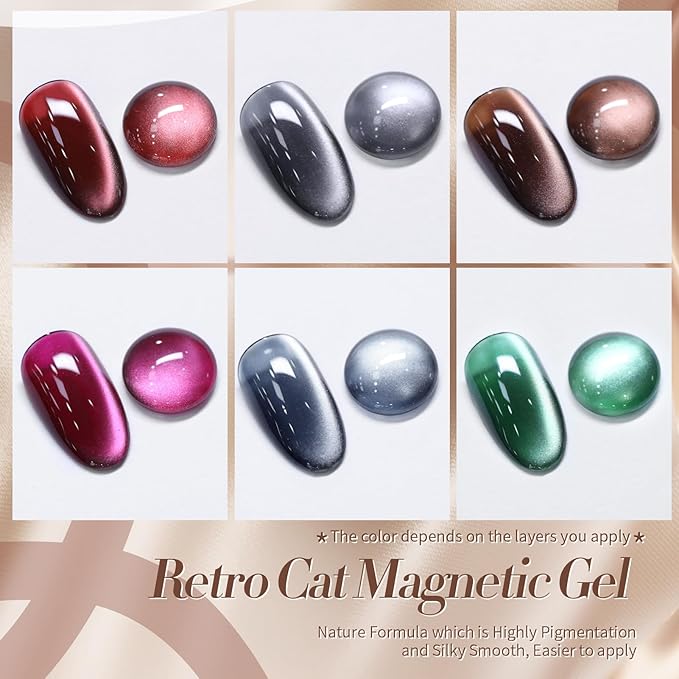Born Pretty Cat Magnetic Eye Gel Nail Polish, Fall Winter Retro Cat Magnetic Gel, Pink Brown Blue Gray Green Magnetic Soak Off Nail Art Salon Manicure Home Gift 7ML 6PCS-Velvo Beauty