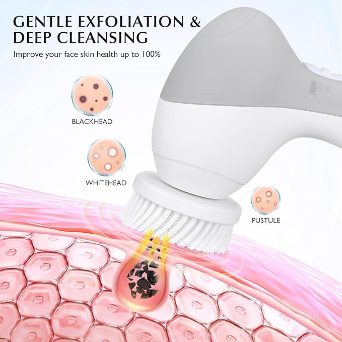 COSLUS Facial Cleansing Brush Silicone Face Scrubber: 7 in 1 FBS-D Electric Exfoliating Rotating Massage Device Waterproof Deep Cleaning Exfoliation Spa Machine - Electronic Skin Care Wash System-Velvo Beauty