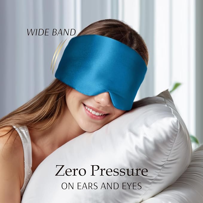Zenssia 100% Mulberry Silk Sleep Mask Eye Mask for Man and Woman with Adjustable Headband, Full Size Large Sleep Mask & Blindfold for Total Blackout for All Night Sleep, Travel & Nap- Peacock Blue-Velvo Beauty