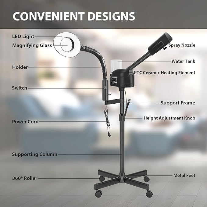Professional Facial Steamer 2 in1 Steamer for Face 5X LED Magnifying Lamp Facial Steamer for Esthetician Beauty Face Equipment Use at Home or Salon（Black）-Velvo Beauty