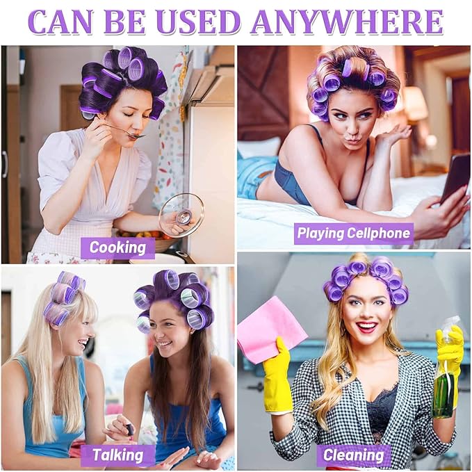 Acejoz Hair Rollers, 12Pcs Large Self-Grip Hair Curlers with 12Pcs Stainless Steel Duckbill Clips, for Long Medium Thick Hair Volume (Purple)-Velvo Beauty