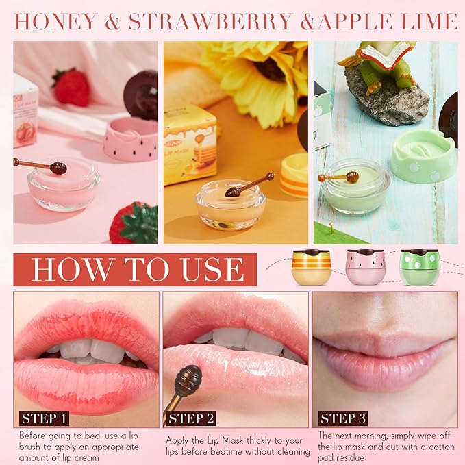 12 Pcs Bee Lip Balm Honey Pot with Brush Propolis Lip Mask Overnight, Moisturizing Hydrating Lip Sleeping Mask Prevention Dry and Cracked(Honey+Strawberry+Apple Lime)-Velvo Beauty