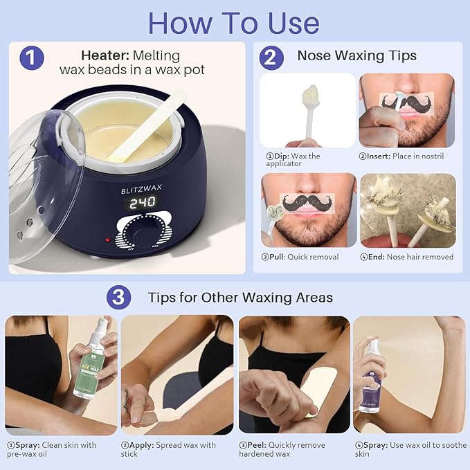 BLITZWAX Brazilian and Bikini Waxing Kit for Men, Hard Wax Warmer for Face, Legs, and Body, At Home Hair Removal Kit, Beginner Friendly, Quick Heating, 30 Nose Wax Sticks-Velvo Beauty