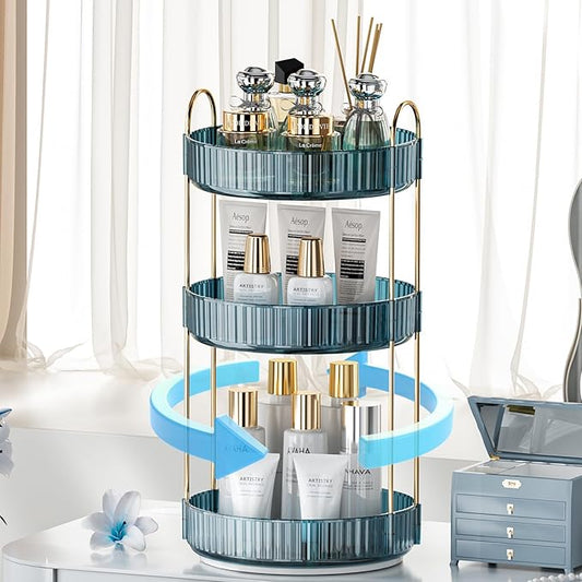 360° Rotating Makeup Organizer, Bathroom Organizers and Storage Holder Rack, Large Capacity Vanity Shelf Countertop, Fits Cosmetics, Perfume, Skin Care(Blue, 3 Tiers)-Velvo Beauty