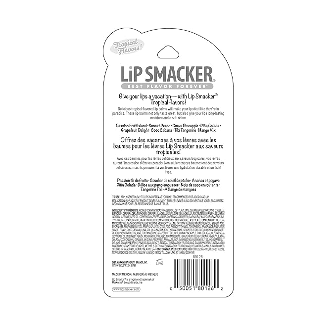 Lip Smacker Flavored Lip Balm Tropic Fever 8 Count (Pack of 1), Passion Fruit, Peach, Breezey-Teazey, Pina Colada, Grapefruit, Coca Cabana, Tangerine, Mango, Clear-Velvo Beauty