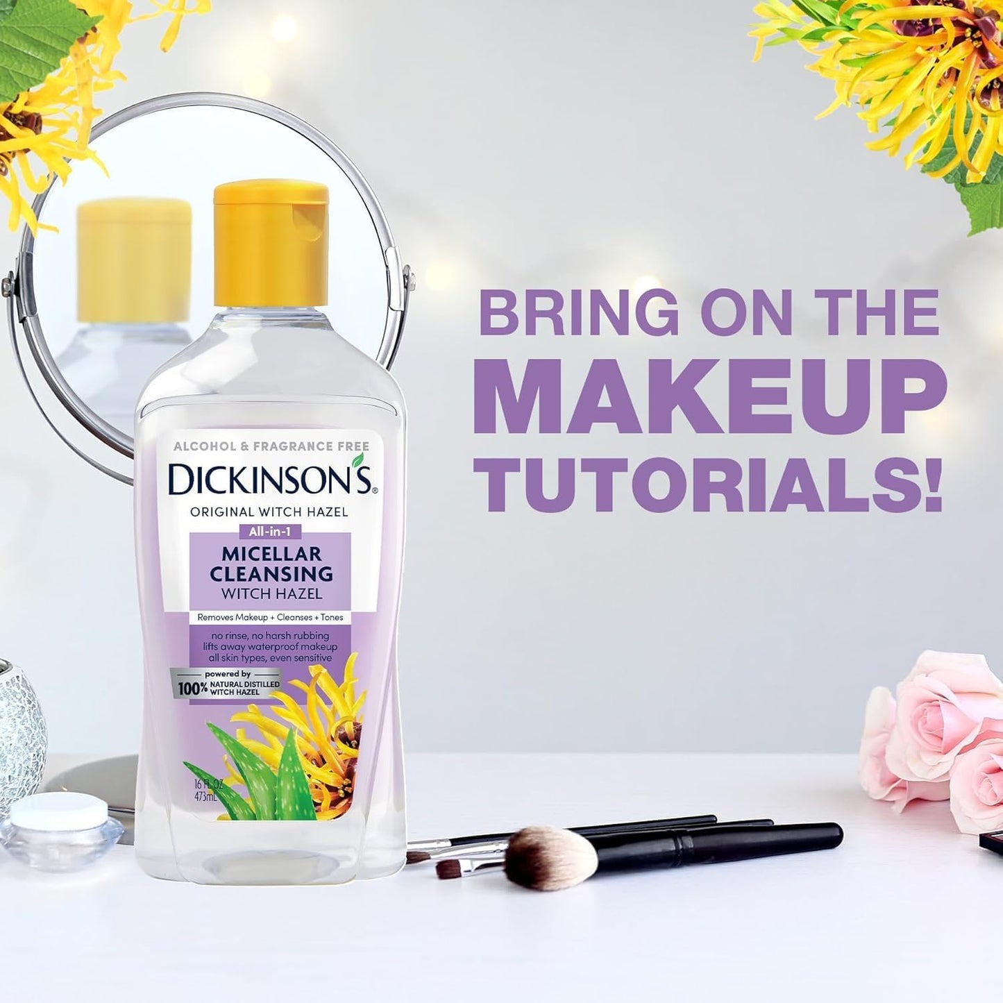 Dickinson's Micellar Cleansing Witch Hazel | 100% Natural Distilled Witch Hazel | Alcohol & Fragrance Free | Makeup Remover, Skin Cleanser, Facial Toner | Removes Dirt, Oil, Makeup | 8 Fl Oz-Velvo Beauty