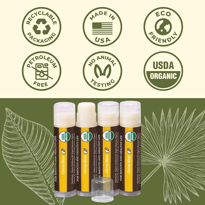 USDA Organic Lip Balm 4-Pack by Earth's Daughter - Citrus Flavor, Beeswax, Coconut Oil, Vitamin E - Best Lip Repair Chapstick for Dry Cracked Lips.-Velvo Beauty