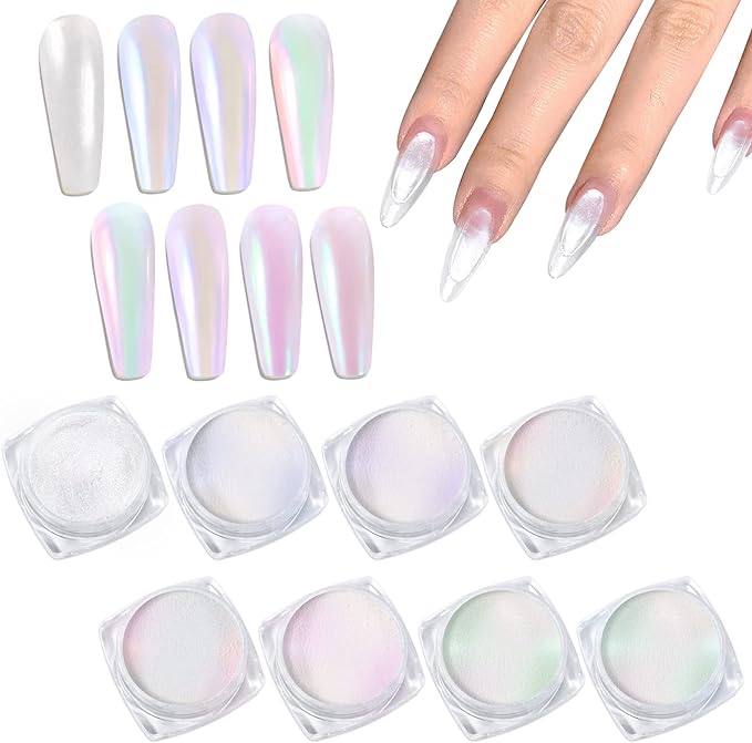 Laza White Pearl Chrome Nail Powder, 8 Colors Metallic Mirror Effect Pigment, Ice Transparent Aurora Nail Glitter Dust Kit for Gel Nail Art Decoration, Resin Craft, Gifts - Colorful White-Velvo Beauty