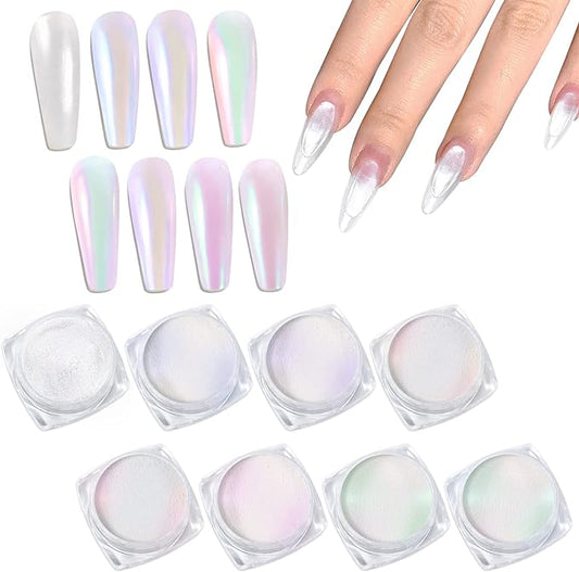 Laza White Pearl Chrome Nail Powder, 8 Colors Metallic Mirror Effect Pigment, Ice Transparent Aurora Nail Glitter Dust Kit for Gel Nail Art Decoration, Resin Craft, Gifts - Colorful White-Velvo Beauty
