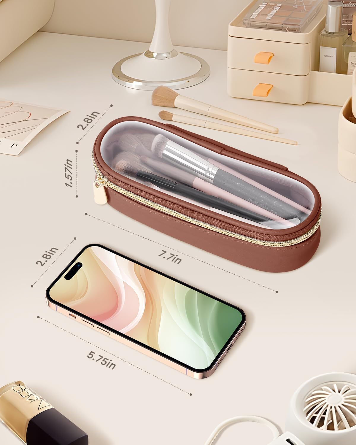Clear Travel Makeup Brush Holder, Leather Makeup Brush Toiletry Bag, Portable Cosmetic Brush Case, Transparent Waterproof Makeup Brush Storage Bag, Brown-Velvo Beauty