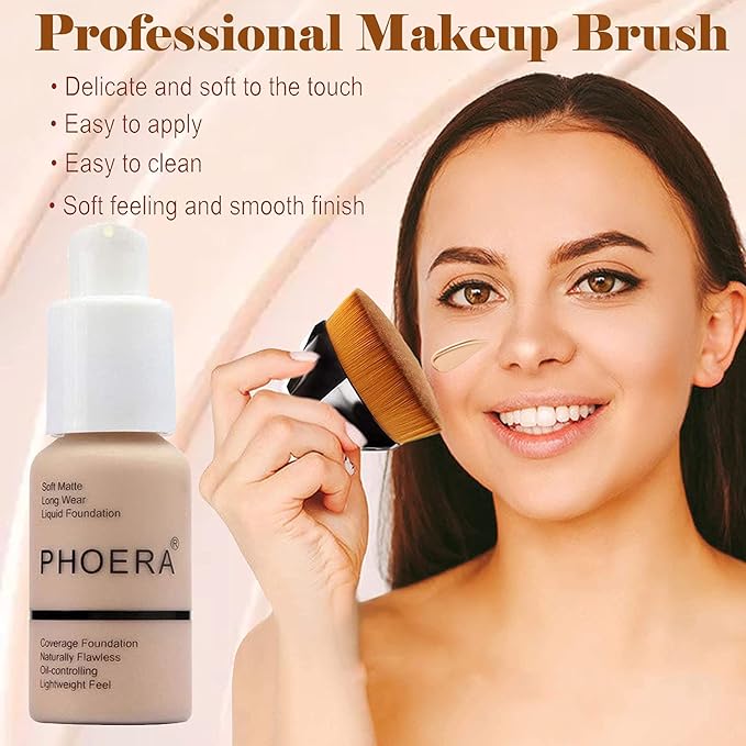 2 Pcs Phoera Foundation Makeup 102 and 104 Liquid Full Coverage 24HR Matte Oil Control Foundation Makeup Concealer (Nude & Buff Beige) with Kabuki Foundation Brush Flat Top-Velvo Beauty