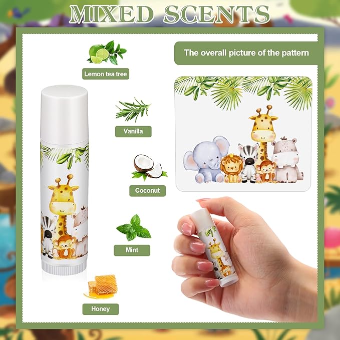 Fumete 50 Pack Jungle Animal Baby Shower Party Gifts Favors Bulk Lip Balms for Guests Boys Girls Neutral Gender Reveal Favors for Baby Shower Prizes Souvenirs Bags Stuffer Classroom Prizes-Velvo Beauty