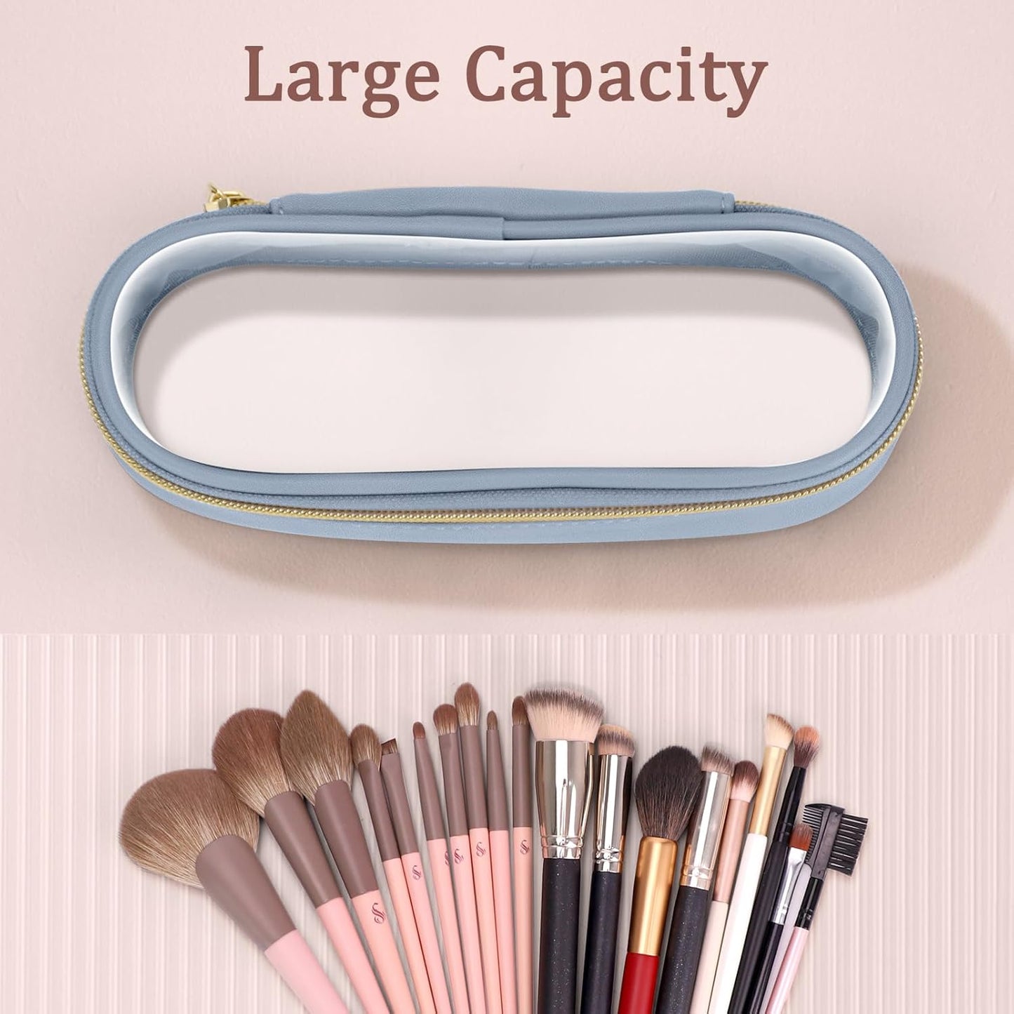Clear Travel Makeup Brush Holder, Leather Makeup Brush Toiletry Bag, Portable Cosmetic Brush Case, Transparent Waterproof Makeup Brush Storage Bag, Blue-Velvo Beauty