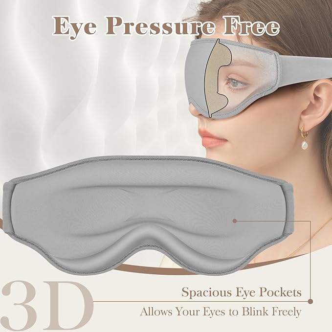 3D Cooling Eye Mask Sleep Mask for Men & Women, 100% Pressure-Free & Light Block-Out Eye Mask for Sleep with Easy Adjustable Strap, Night Eye Cover for Travel, Grey-Velvo Beauty