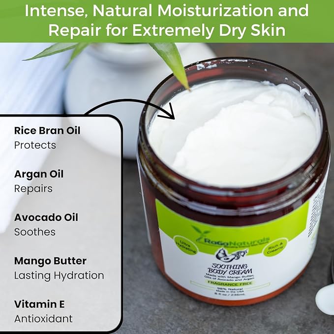 RaGaNaturals Natural Moisturizing Cream - Body & Face Moisturizer for Dry to Very Dry, Sensitive Skin - Unscented Body Cream with Vitamin E & Avocado, Argan Oil - Non-Comedogenic, Fragrance Free -8 Oz-Velvo Beauty