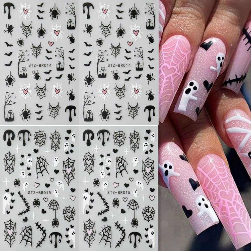 4sheets Halloween Nail Stickers 3D Self-Adhesive Ghost Nail Art Stickers - Black Spider Bat Decals with Heart Spider Web Blood Droplets Design for Women DIY Holiday Nail Decoration-Velvo Beauty