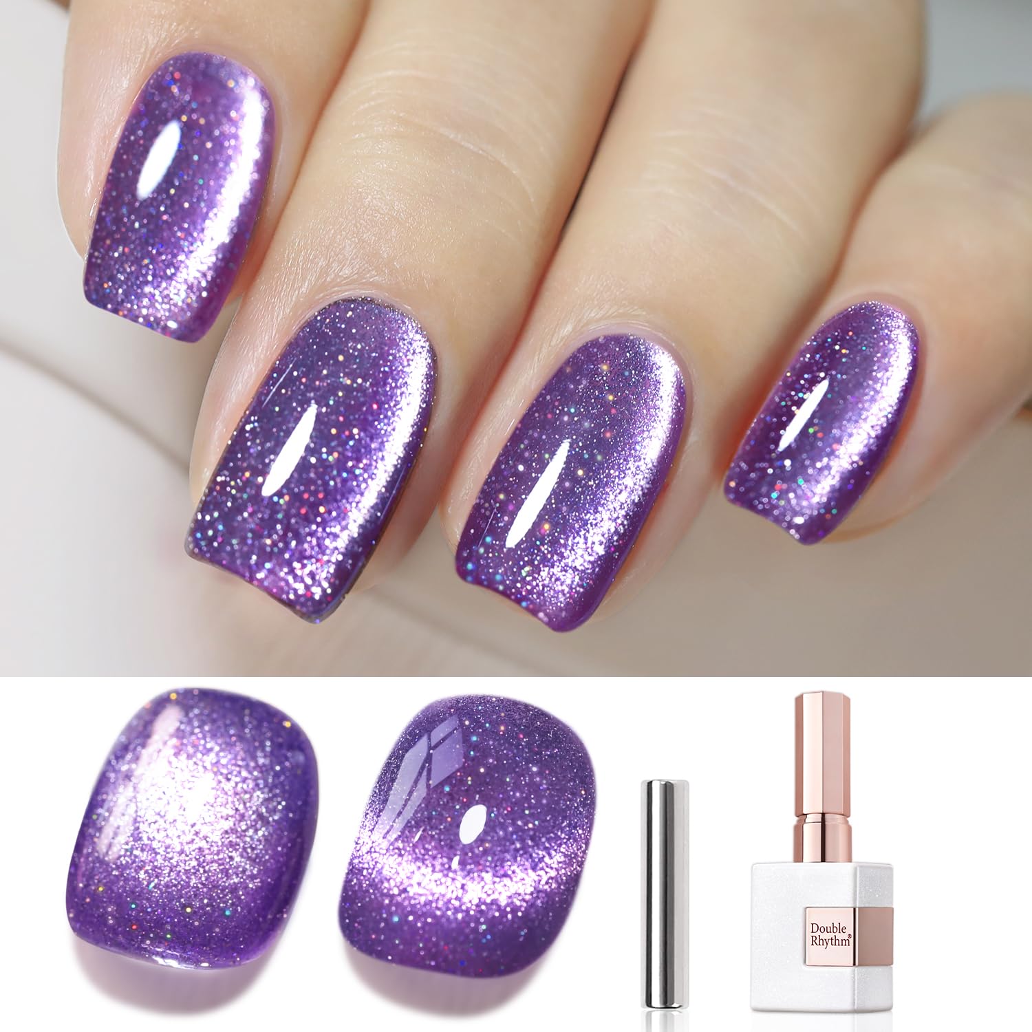 Double Rhythm Cat Eye Gel Polish with Magnet 15ML Jelly Glass Holographic Glitter Shimmer Translucent Sheer Color Magnetic Gel Polish Salon DIY at Home (Dark Purple-MC1066)-Velvo Beauty