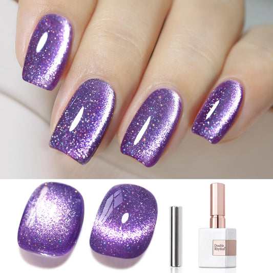 Double Rhythm Cat Eye Gel Polish with Magnet 15ML Jelly Glass Holographic Glitter Shimmer Translucent Sheer Color Magnetic Gel Polish Salon DIY at Home (Dark Purple-MC1066)-Velvo Beauty