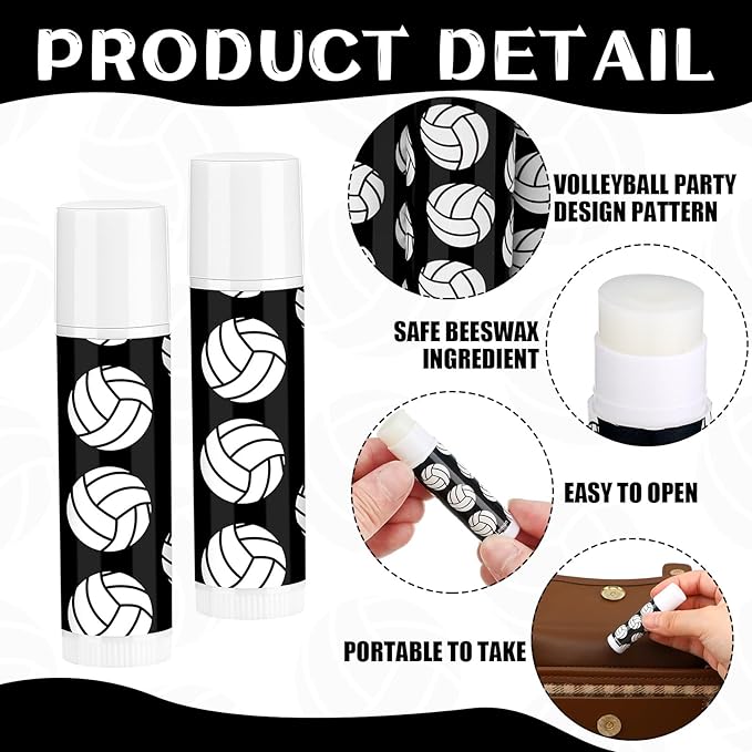 24 Pcs Volleyball Lip Balm Volleyball Team Gifts Volleyball Party Favors Volleyball Lip Balm Gift for Volleyball Team Volleyball Party Guest Supplies (Black)-Velvo Beauty