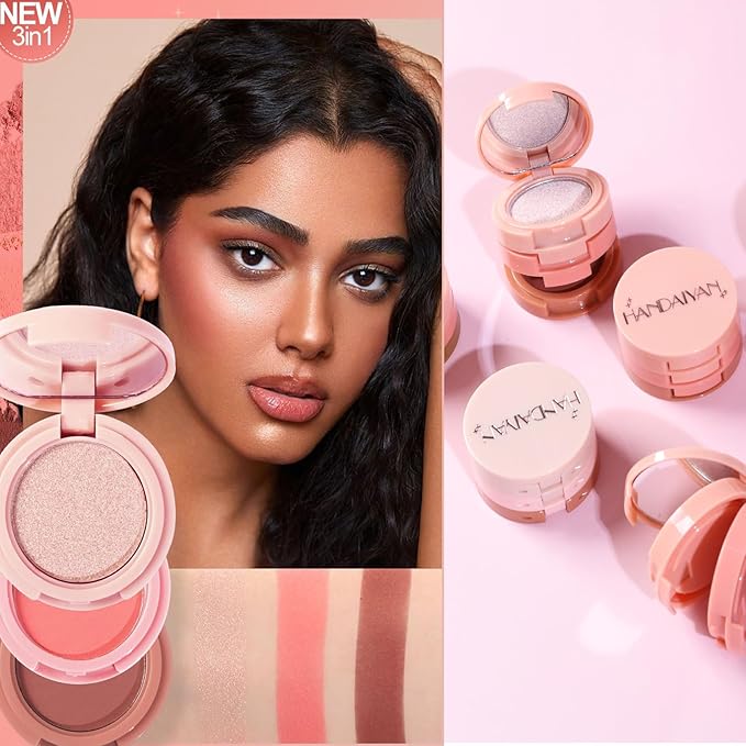 3-in-1 Blendable Trio, Contour and Highlight Blush Makeup Palette, Cream Bronzer, Silky Smooth Powder Blush, Shimmer Highlighter Makeup Powder, Pink Brown Eyeshadow Palette with Mirror(03)-Velvo Beauty