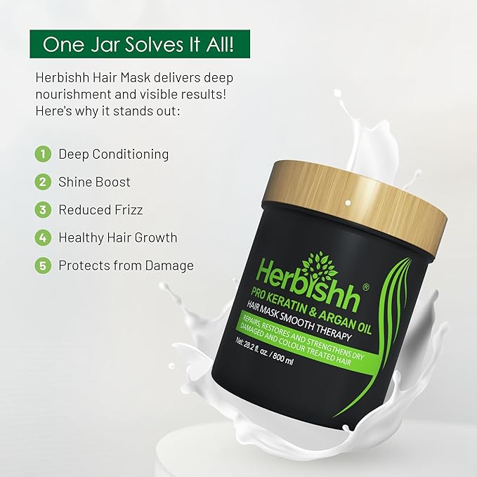 Herbishh Argan Hair Mask-Deep Conditioning & Hydration For Healthier Looking Hair- for very Dry, Weak, Stressed Out Hair, No Sulphates, No Parabens (800ML)-Velvo Beauty