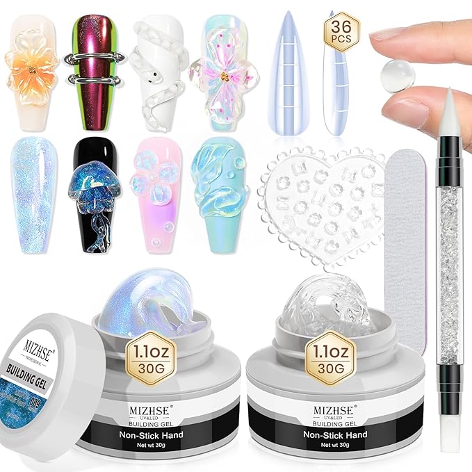 MIZHSE 2PCS Solid Builder Gel for Nails Kit: 30g/1oz Clear & Aurora Hard Gel for Nail with Nail Forms 3D Mold Soak off U V Builder Extension Gels for Women-Velvo Beauty