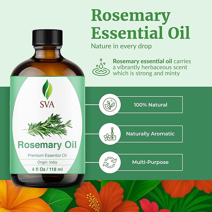 SVA Rosemary Essential Oil – 4 Fl Oz – 100% Natural Rosemary Oil for Hair, Face, Skin Care, Diffuser, Aromatherapy, Scalp, Body Massage, Soap and Candle Making – with Dropper-Velvo Beauty