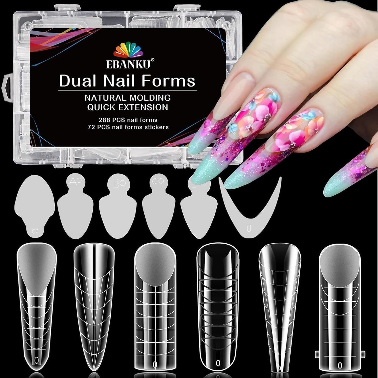 EBANKU 288PCS Poly Extension Gel Dual Nail Forms, Stiletto Coffin Acrylic Nail Forms for French Nails, 76PCS Duet System Dual Forms Sticker Silicone Pads, 6 Styles Scale for Manicure Extension-Velvo Beauty