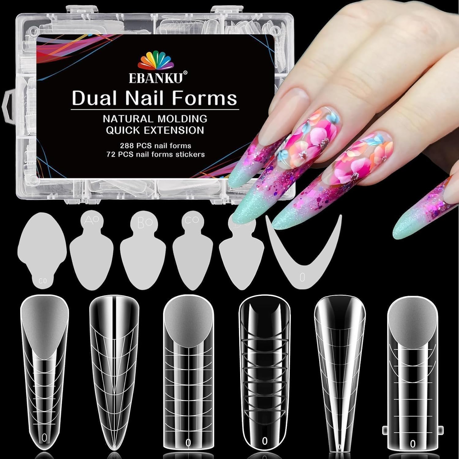 EBANKU 288PCS Poly Extension Gel Dual Nail Forms, Stiletto Coffin Acrylic Nail Forms for French Nails, 76PCS Duet System Dual Forms Sticker Silicone Pads, 6 Styles Scale for Manicure Extension-Velvo Beauty
