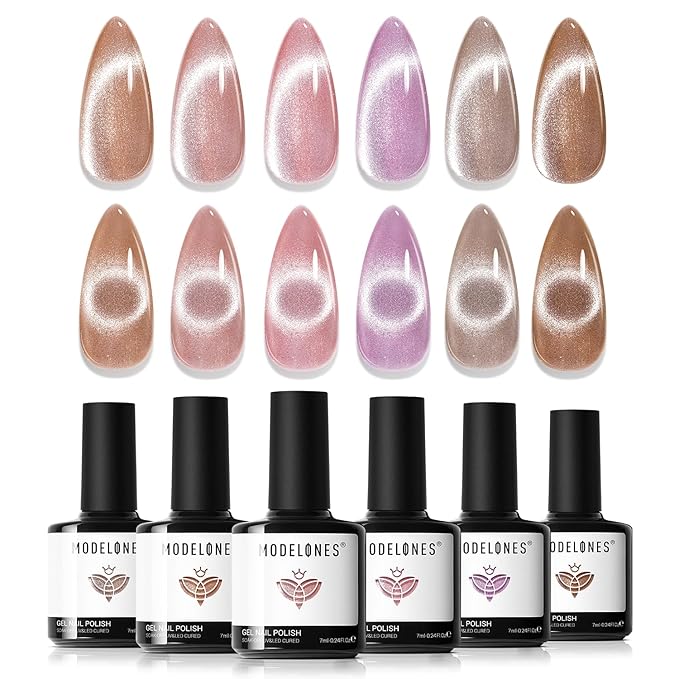 modelones Cat Eye Gel Nail Polish 6 Colors Nude Pink Brown Purple Cat Eye Nail Polish Glitter Semi-transparent Holographic 9D With Magnet Pastel All Seasons Soak Off Led Nail Art DIY Salon Gifts-Velvo Beauty