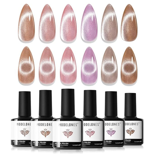 modelones Cat Eye Gel Nail Polish 6 Colors Nude Pink Brown Purple Cat Eye Nail Polish Glitter Semi-transparent Holographic 9D With Magnet Pastel All Seasons Soak Off Led Nail Art DIY Salon Gifts-Velvo Beauty