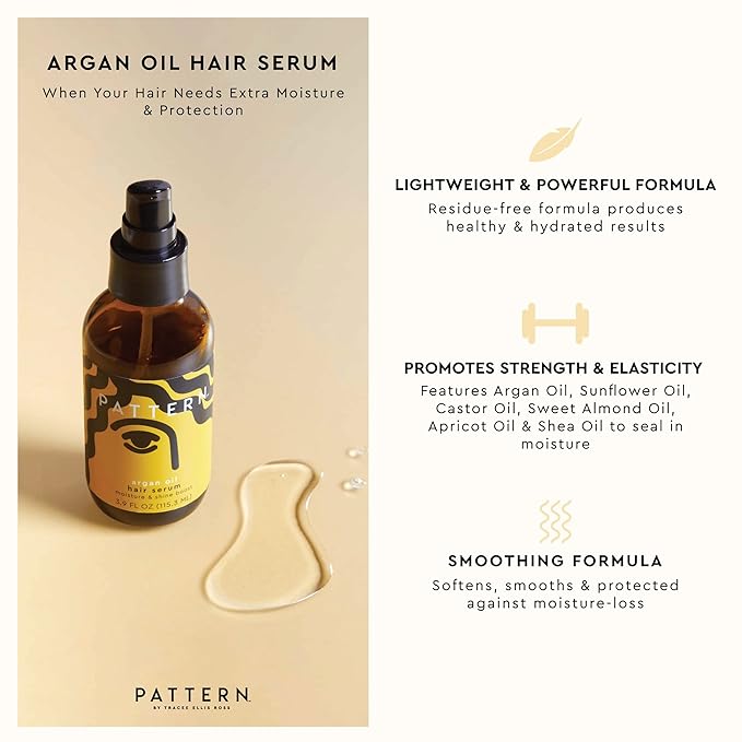 PATTERN Beauty by Tracee Ellis Ross Argan Oil Hair Serum, 3.9 Fl Oz, Rich Moisture and Shine Boost for Curlies, Coilies and Tight-Textured Hair, 3a-4c-Velvo Beauty