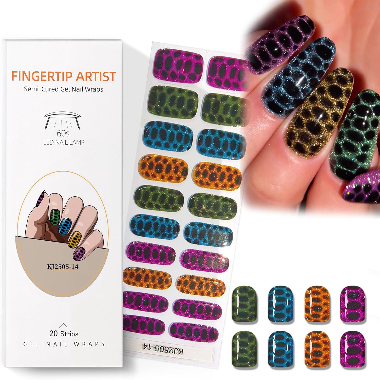 Semi Cured Gel Nail Strips with Leopard Designs Colorful Glitter Nail strips Fall Wraps Salon Quality & Easy to Use 20 Pcs for Women-Velvo Beauty