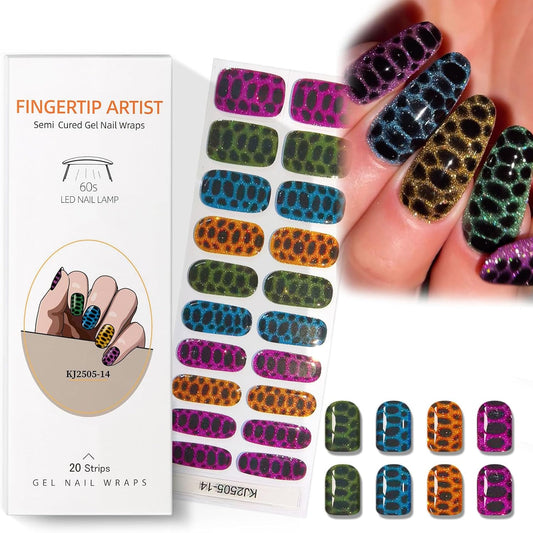 Semi Cured Gel Nail Strips with Leopard Designs Colorful Glitter Nail strips Fall Wraps Salon Quality & Easy to Use 20 Pcs for Women-Velvo Beauty