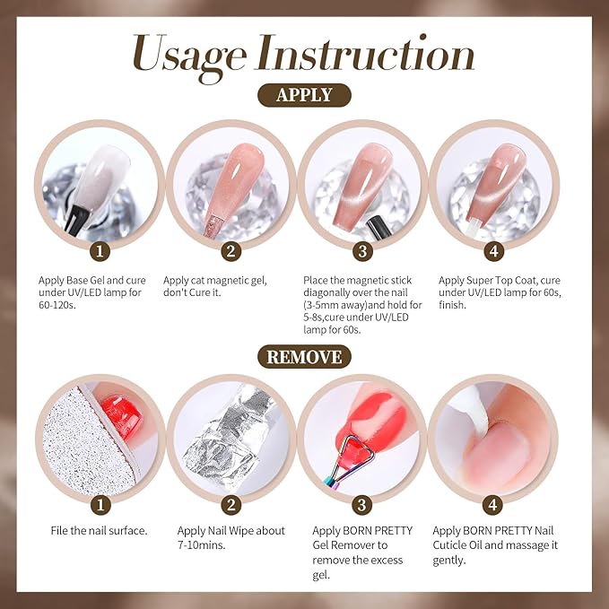 BORN PRETTY Magnetic Gel Nail Polish Water Light Cat Magnetic Eye Gel Brown SaU Vage Jelly Glass Crystal Magnetic Gel Polish Glitter Shimmer Auroras Magnetic Gel Nail Art Manicure Kit 6PCS-Velvo Beauty
