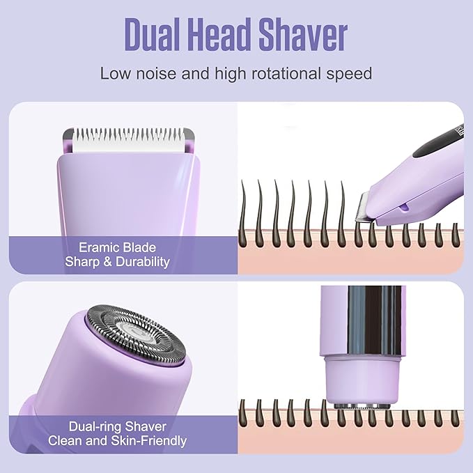 2 in 1 Bikini Trimmer for Women Dual Head Electric Shaver with LED Display,IPX7 Waterproof Wet & Dry, Painless Shaver for Underarm Leg Arm Body Face Private Area Purple-Velvo Beauty