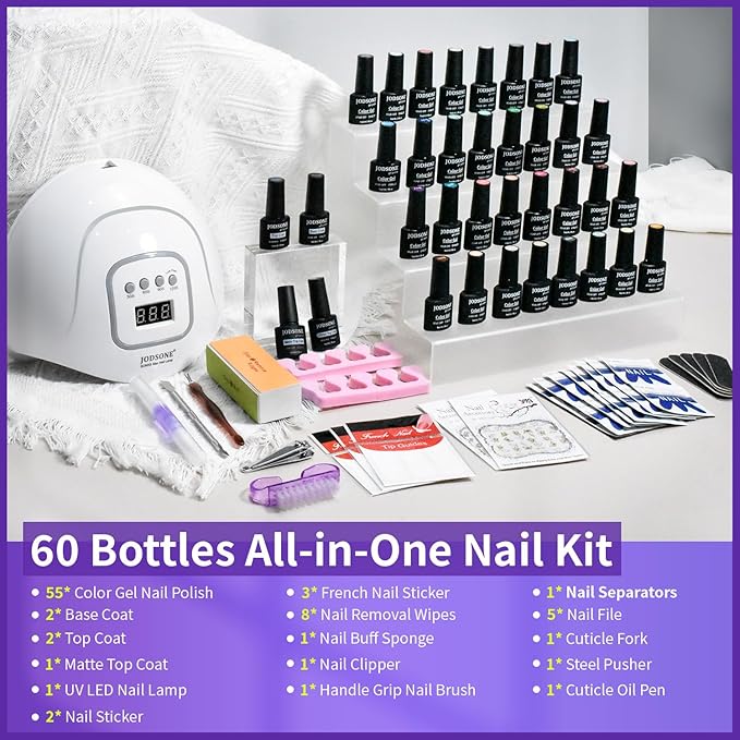 JODSONE 60 Bottles of Gel Nail Polish Kit with U V Light 55 Kinds of Gorgeous and Charming Gel Polish Kit 5 Pieces Soak off Glossy Matte Top Coat Base Coat-Velvo Beauty