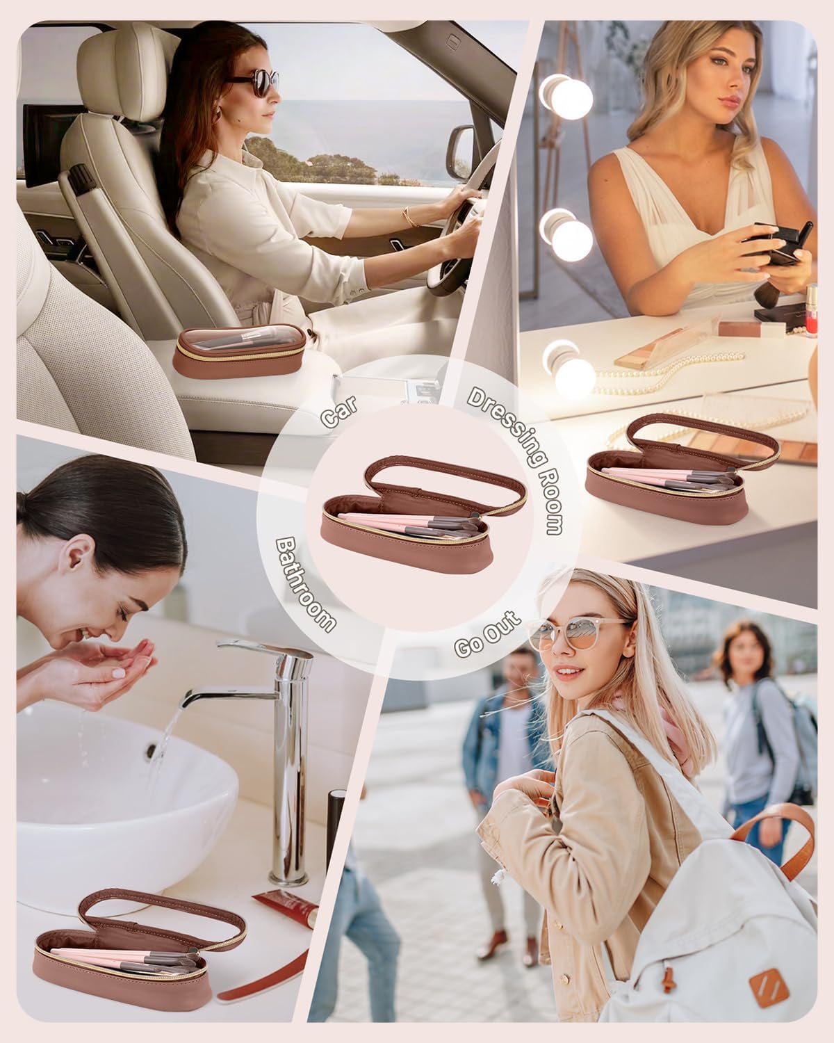 Clear Travel Makeup Brush Holder, Leather Makeup Brush Toiletry Bag, Portable Cosmetic Brush Case, Transparent Waterproof Makeup Brush Storage Bag, Brown-Velvo Beauty