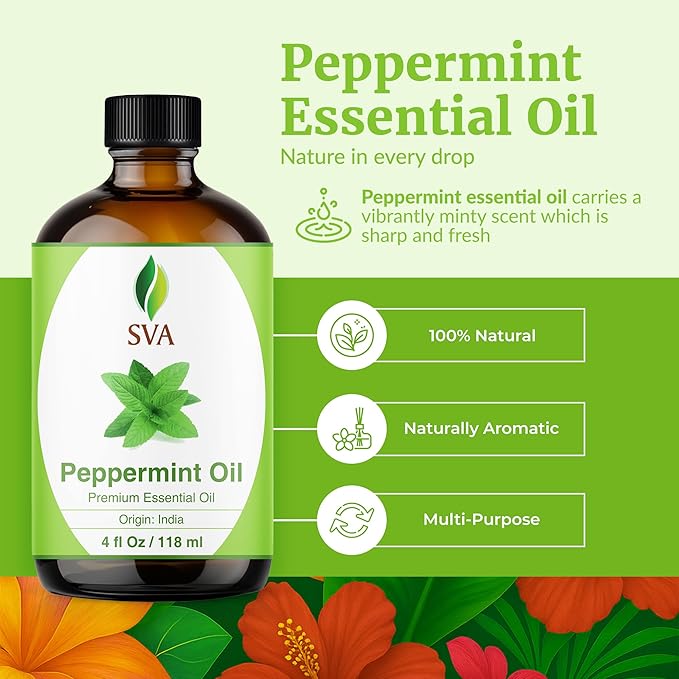 SVA Peppermint Essential Oil – 4 Fl Oz – 100% Natural Peppermint Oil - for Diffuser, Hair Care, Face, Skin Care, Aromatherapy, Scalp and Body Massage, Soap and Candle Making - with Dropper-Velvo Beauty