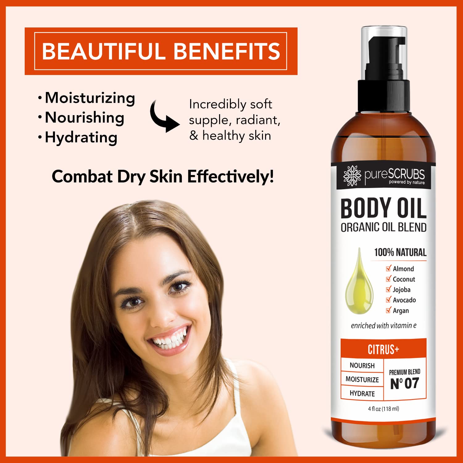 pureSCRUBS Ultra Moisturizing Citrus+ Body Oil Spray for Dry Skin, Massage, Cuticles & More Organic Super Blend of Jojoba, Argan, Coconut, Sweet Almond & Avocado Oils Enriched with Vitamin E, Lg 4oz-Velvo Beauty