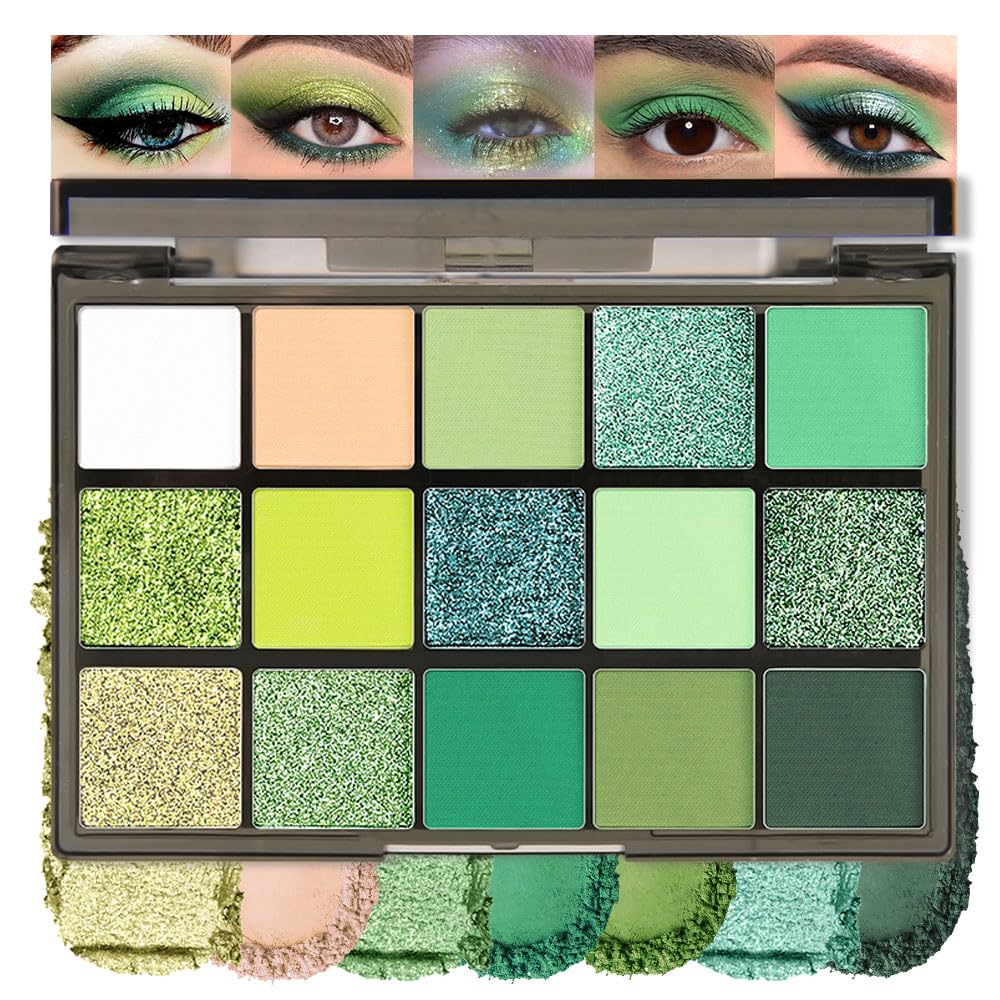 15 Colors Green Matte & Shimmer Eyeshadow Palette - Olive Teal GreenYellow DarkSeaGreen LimeGreen Pink White Eye Shadow Primers Powder for Smoky Looks, Makeup Artist Friendly, Vegan & Cruelty-Free-Velvo Beauty
